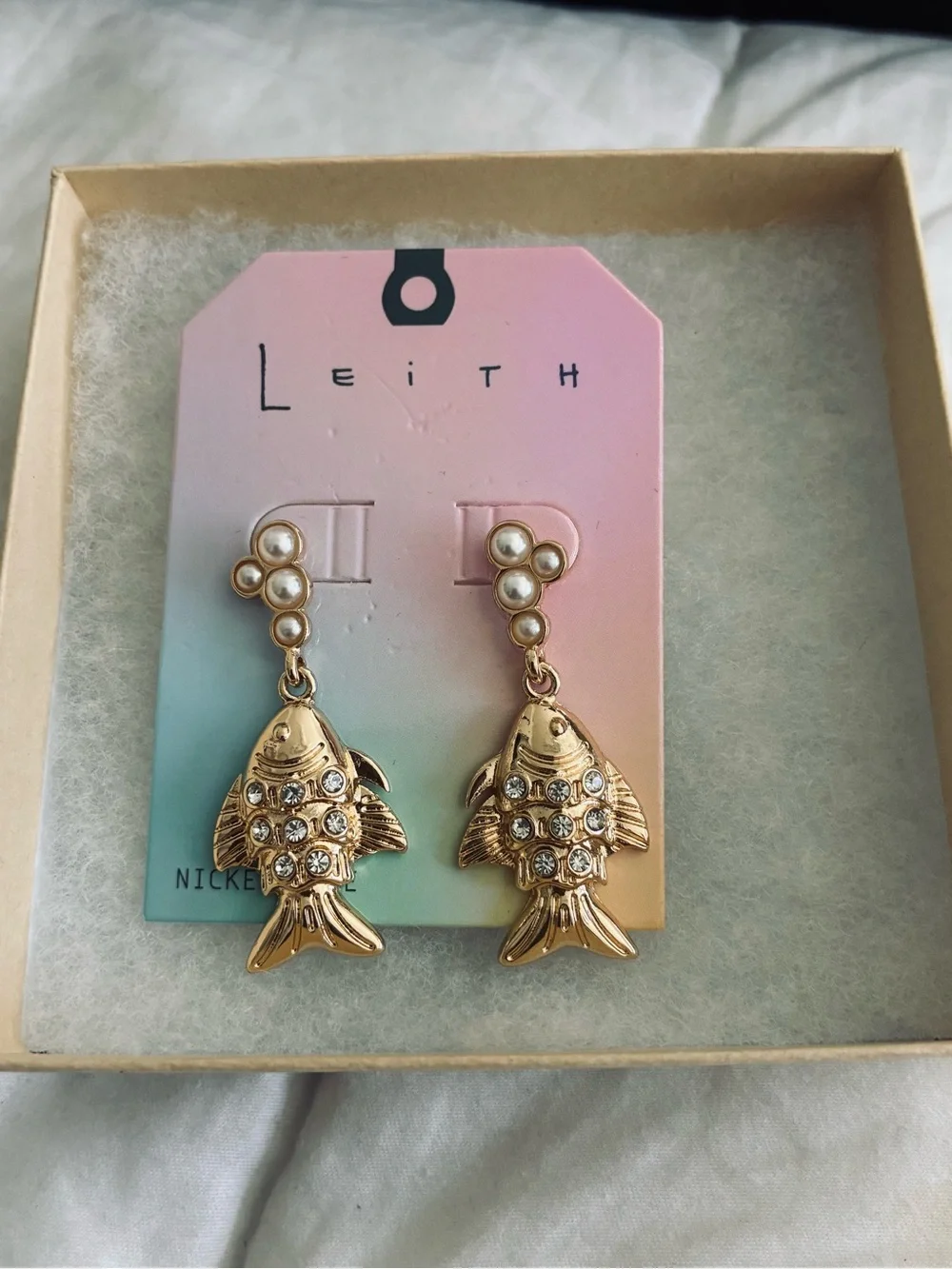 Leith Gold Fish Drop Earrings with Pearl & Crystal Accents